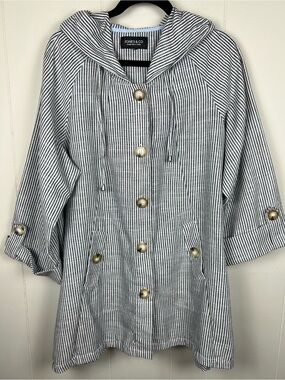 Linen Blend Striped Button Front Hooded Jacket Coastal Nautical Fisherman